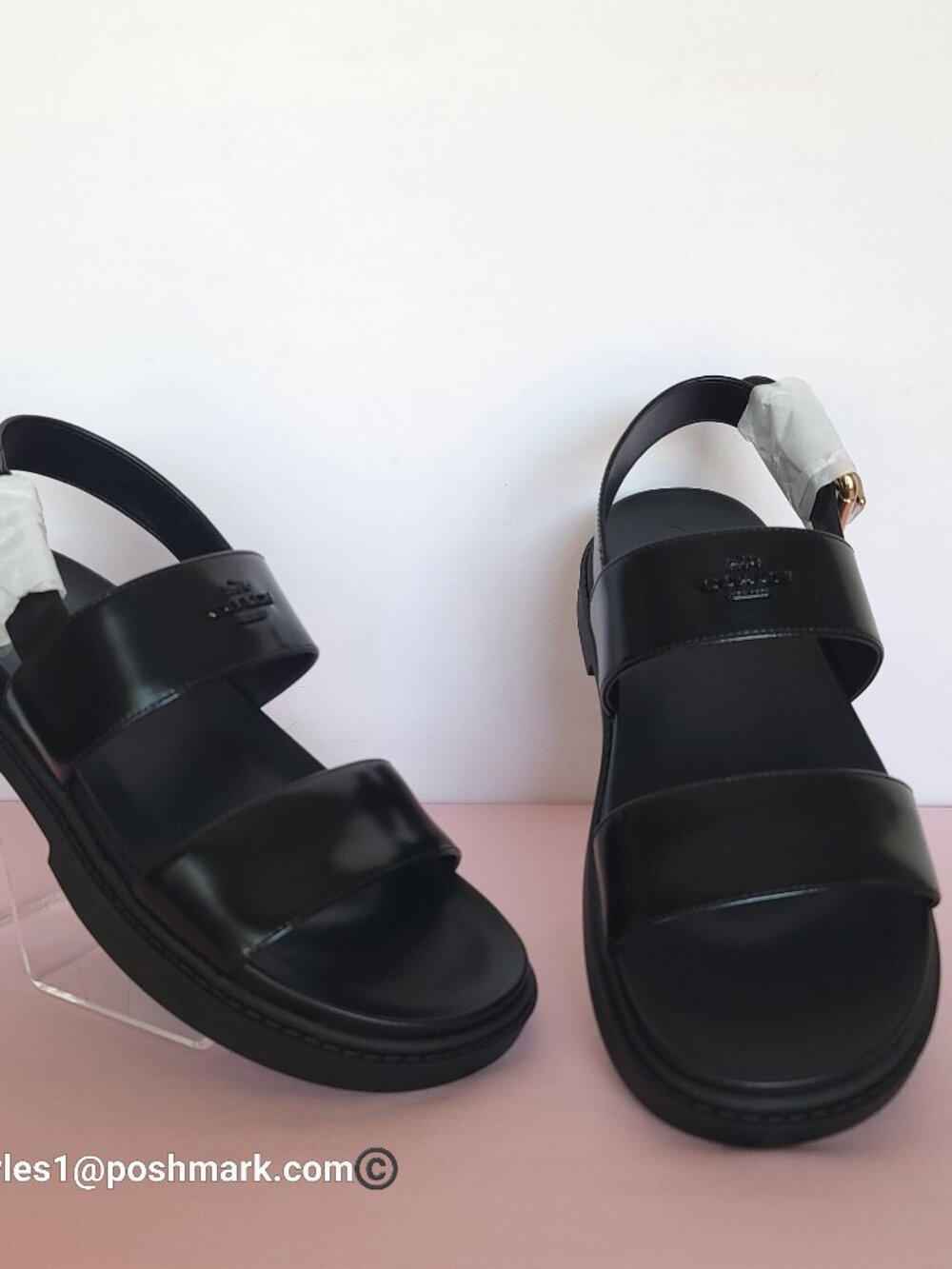 COACH Lockup Two Band Spazzolato Leather Sandals - Black color. Women's US 8.5B⭐ - Picture 2 of 16